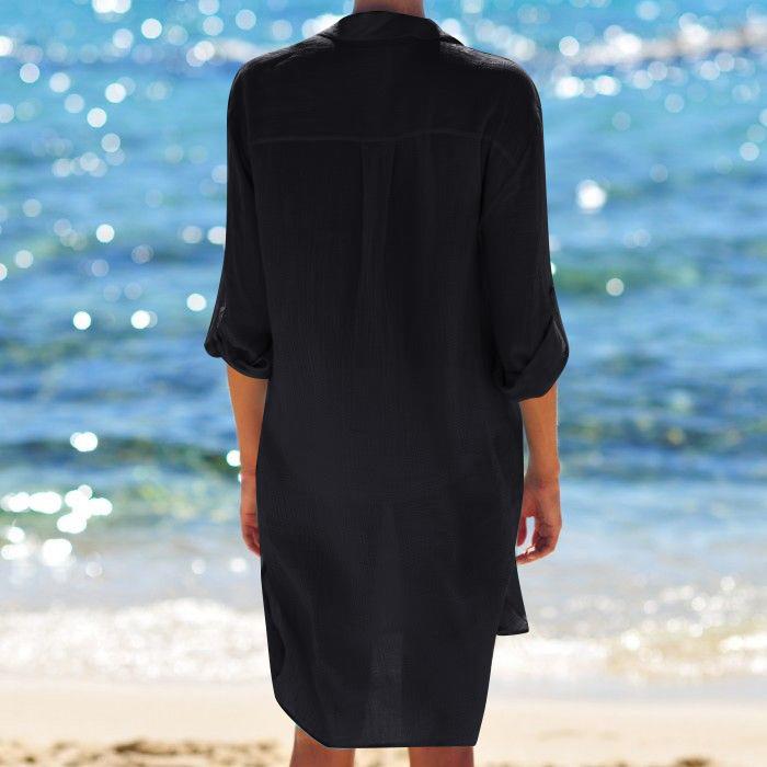Wrinkled Fabric Pocket Button Beach Cover Up Women's Solid Color Bikini Shirt