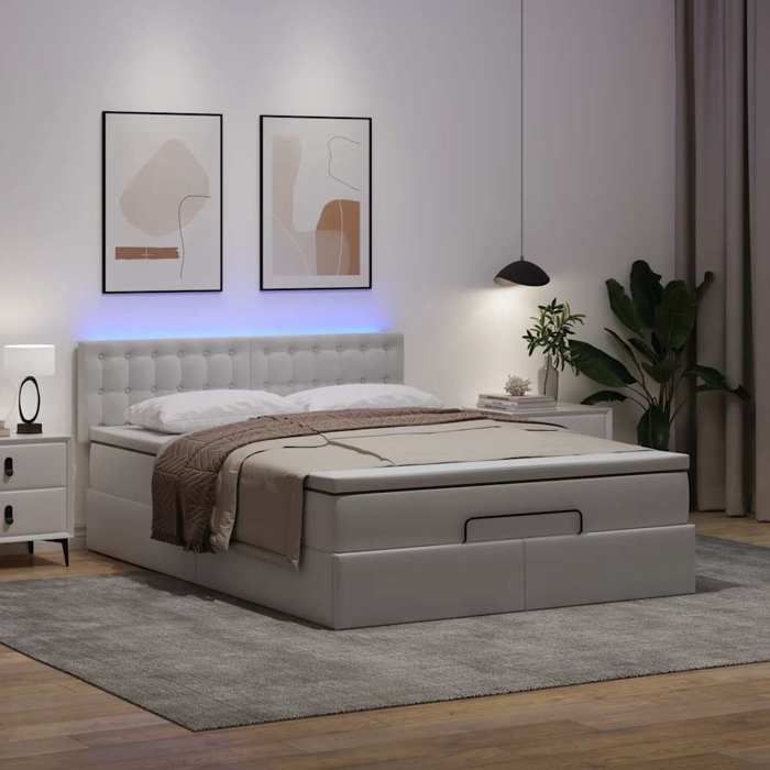 Lit ottoman - Maison Exclusive - 140x190cm - Similicuir blanc - Rangement avec LED
