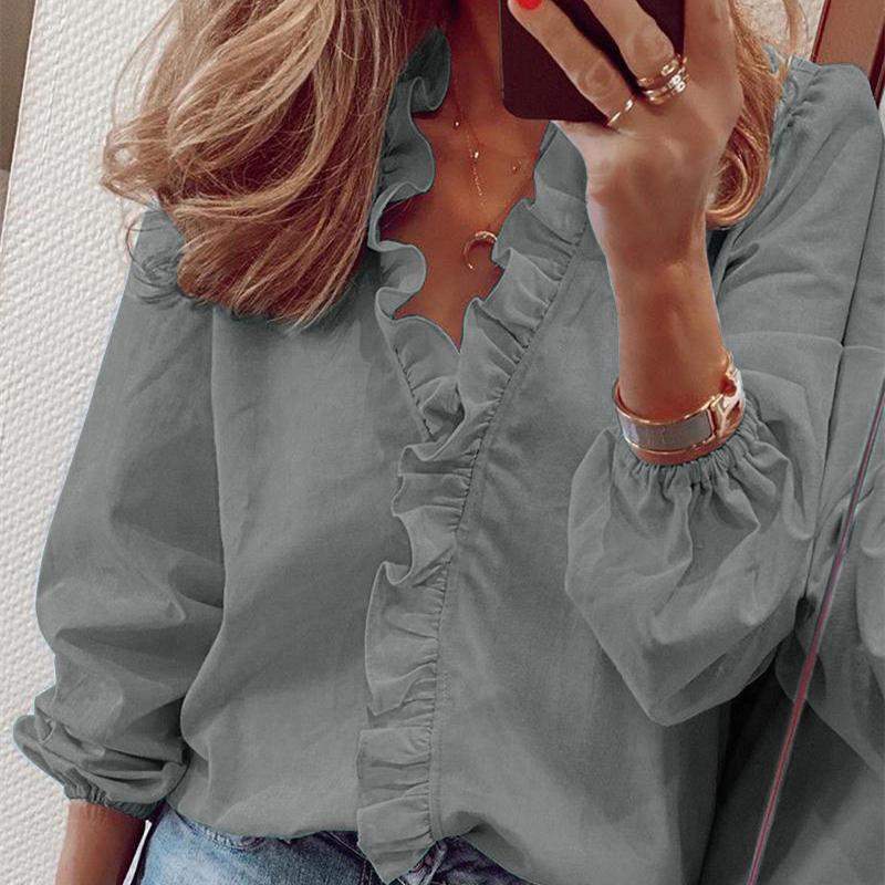 Women's Fashion Casual Summer Spring Long Sleeve Blouses & Shirts Ruffled edge shirt Solid Color Chemise Womens Tops