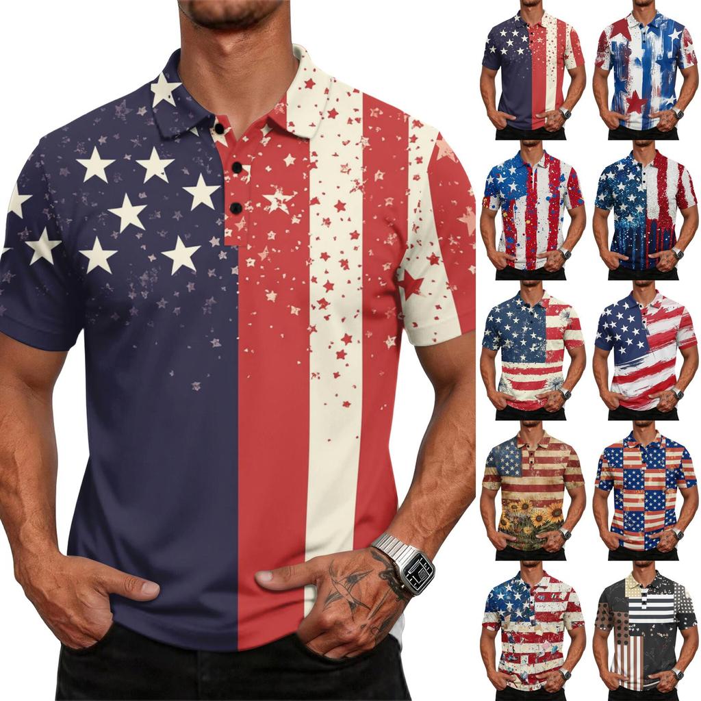 Men's Casual Loose Fit Short Sleeve Polo Shirt with Mixed Pattern Design Flag Stripes and Dots Print Lightweight Comfortable Top