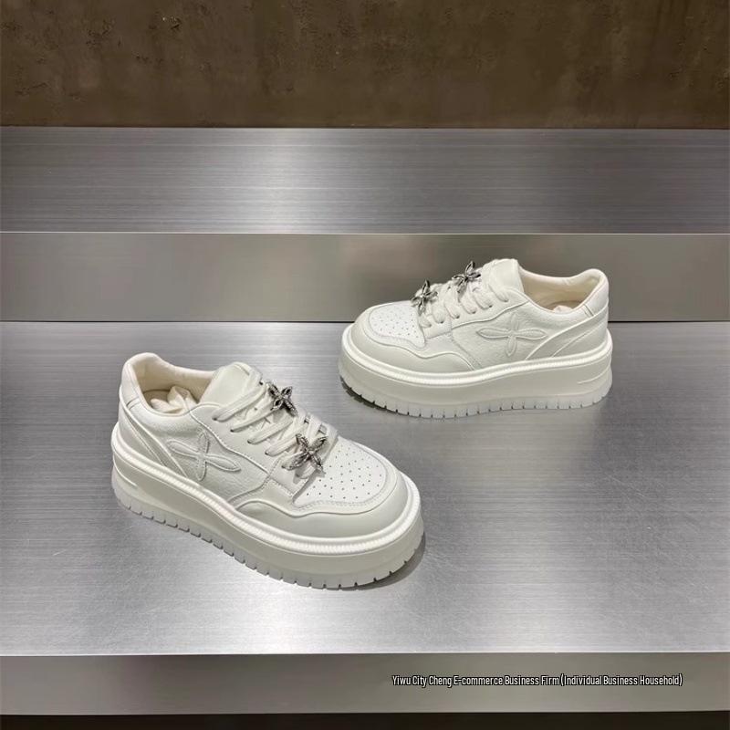Women's Rhinestone Platform White Sneakers - Thick-Soled, Versatile Height-Increasing, Round-Toe Casual Shoes for Spring 2025.