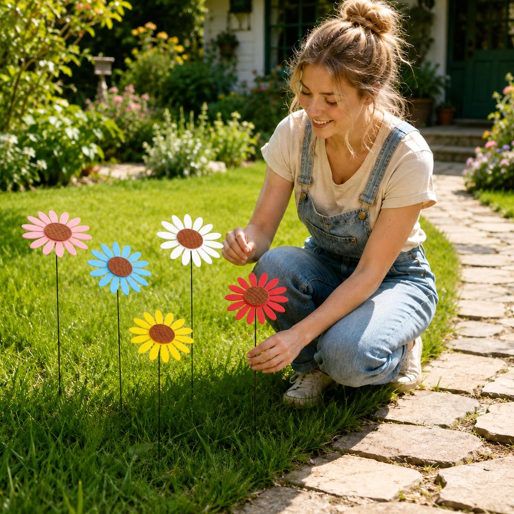 Sunflower Garden Wooden Stakes Decorative Outdoor Yard Art for Plant Pots Flower Beds Pathway Lawn Patio Decor Set of 5 Pieces