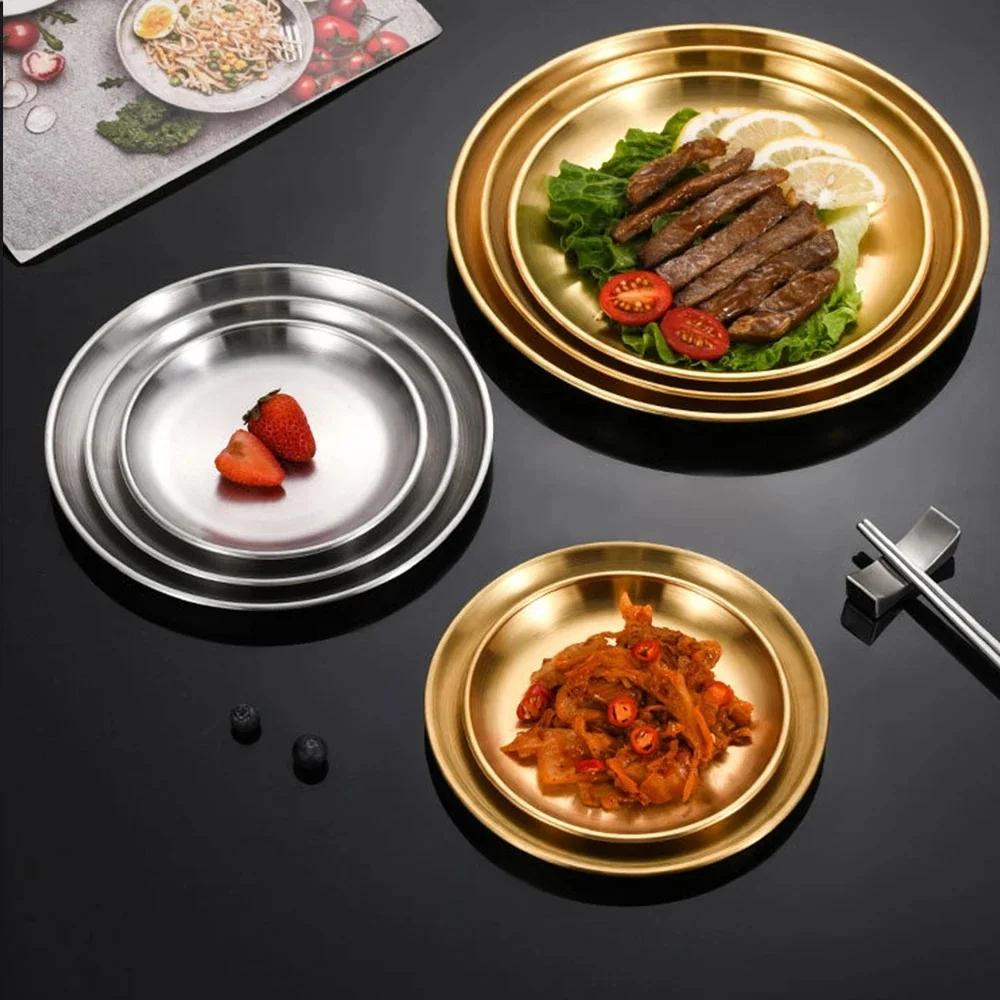 6Pcs Stainless Steel Thickened Barbecue Disc Golden Silver Cafe Tray Fruit Plate Cake Plate Bone Dish Shallow Plate