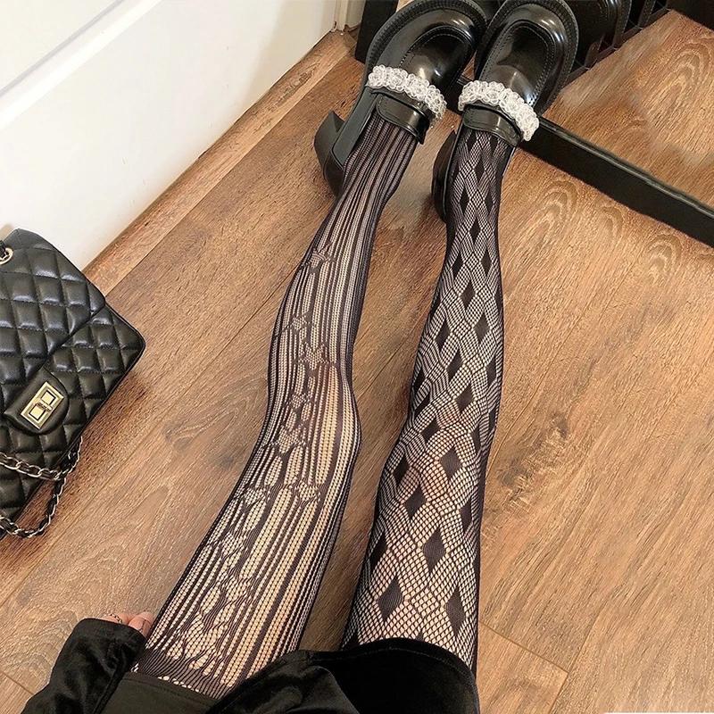 

Готические сетчатые чулки, черные колготки, женские сексуальные нейлоновые прозрачные колготки, Лолита, ажурные цветочные кружевные колготки, косплей, большие размеры XS-3XL