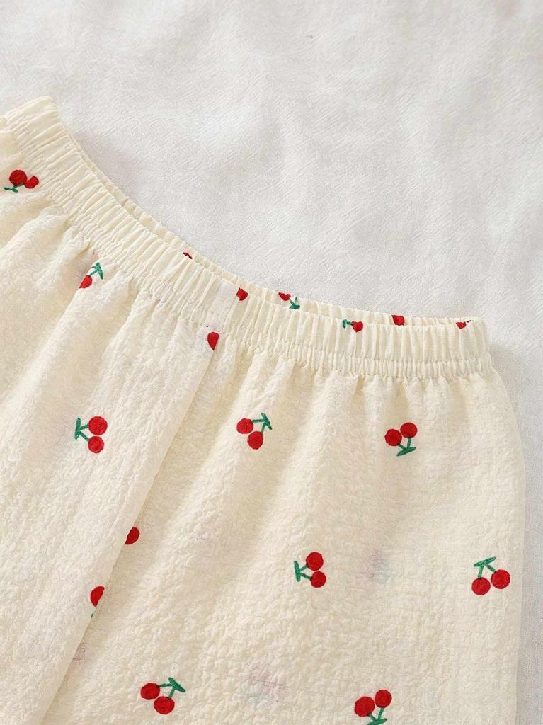 Girls Cherry Print Pajama Set, Short Sleeve Button Down Top & Shorts Sleepwear for Kids 4-7Y