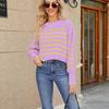 Women's Loose Short Pullover Sweater Stripe Long Sleeve Round Neck Knitted Top