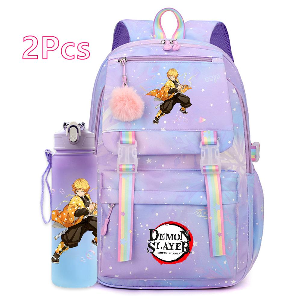 2Pcs/set Cartoon Demon Slayer Printed Backpack with 750Ml Water Bottler for Teenager Girl Boy Large Capacity Waterproof Bookbag Travel Bag Gift