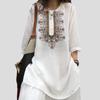 Vintage Summer Women's Cotton Linen Blouse Embroidered Loose Oversized Shirt Round Neck T-Shirt