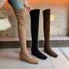 Inner Height Increase Over Knee Elastic Boots Women's 2025 Autumn and Winter New Suede Square Head Bag Legs Thin Boots Brown Thin Boots