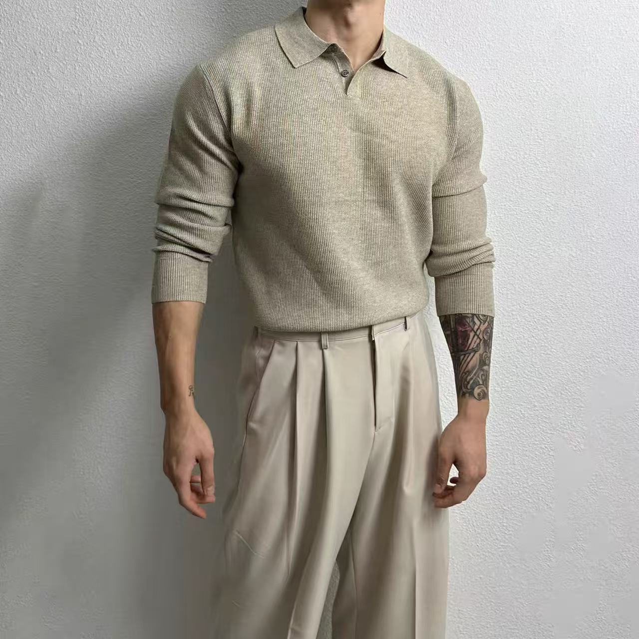 

Премиальная вязаная рубашка-поло мужская новая корейская версия легкий спелый стиль приятная для кожи универсальная свободная свитер для пары M хаки