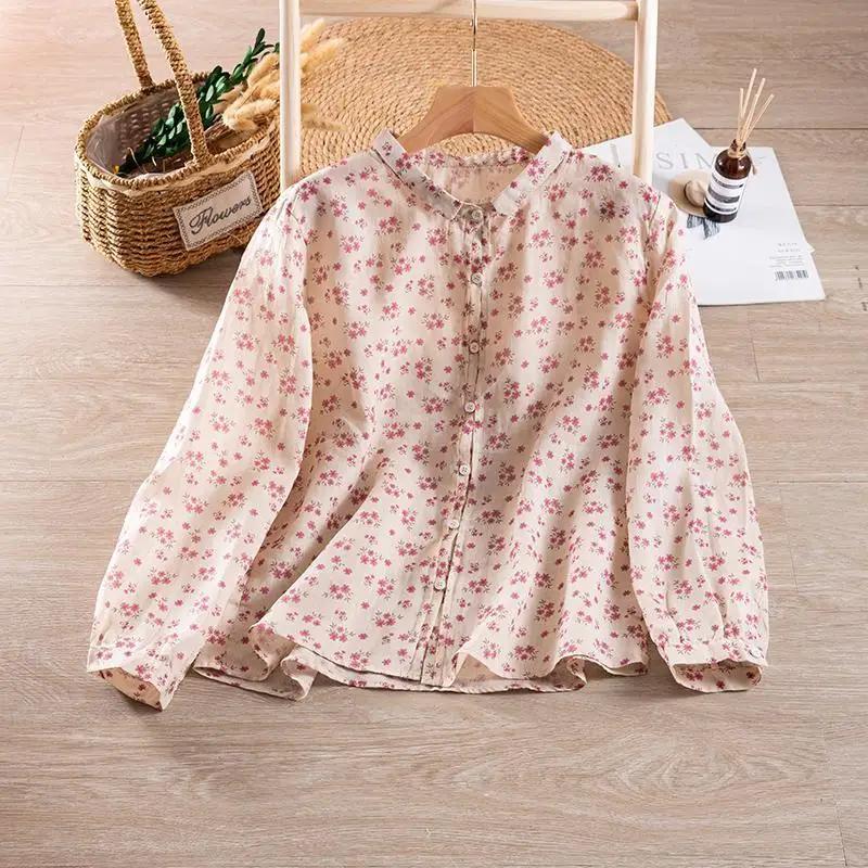 

Versatile Spring Long-sleeved Cotton Sun Shirt Floral Shirt for Women Fresh and Sweet Temperament L розовый