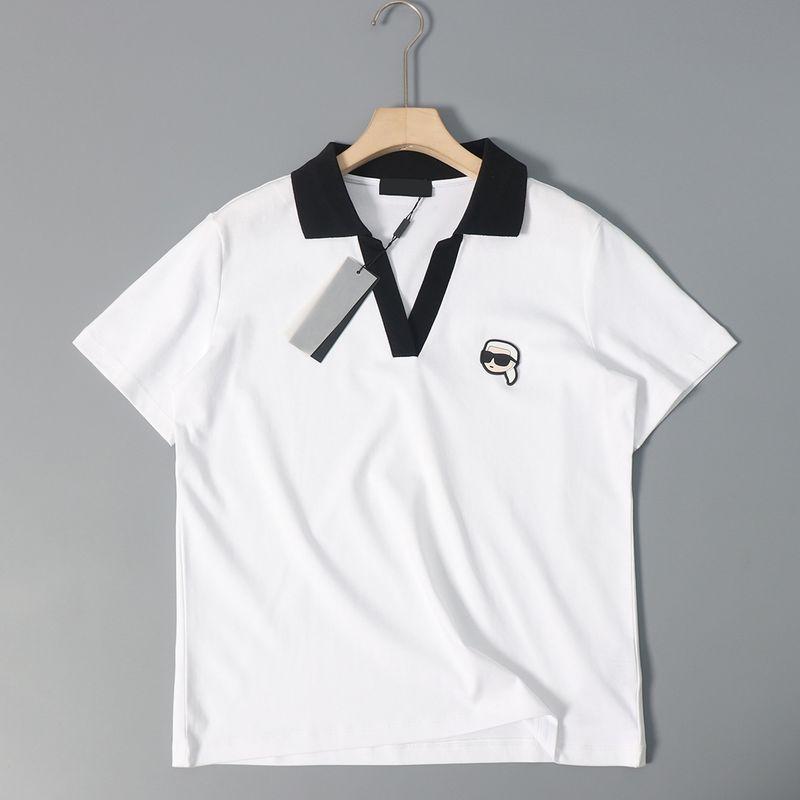 

2025 New Cotton Plain Knitted Cotton Contrast Color V Lapel Straight Casual Short sleeve T-shirt RC-leather label pigtail V lapel T-shirt White S