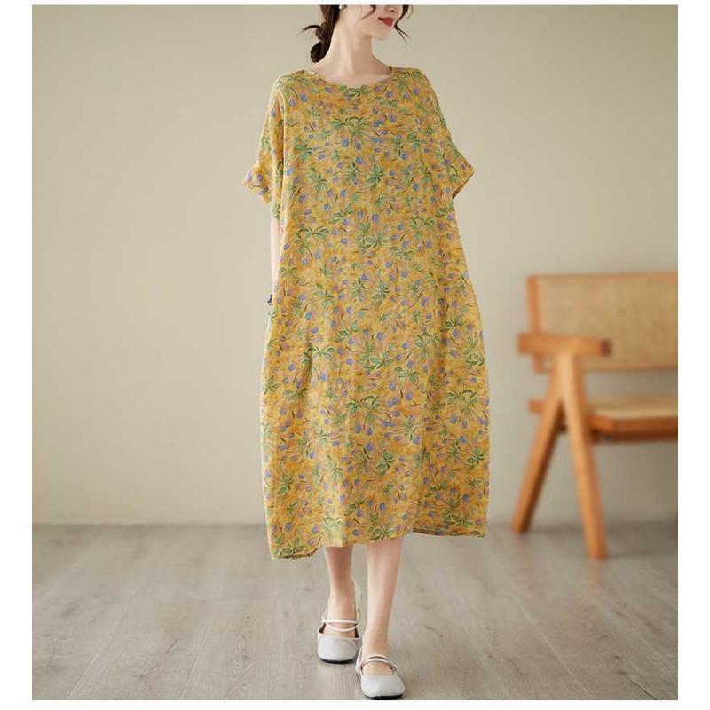 Summer New Yellow Floral Loose Thin Mid-length Temperament Dress Women
