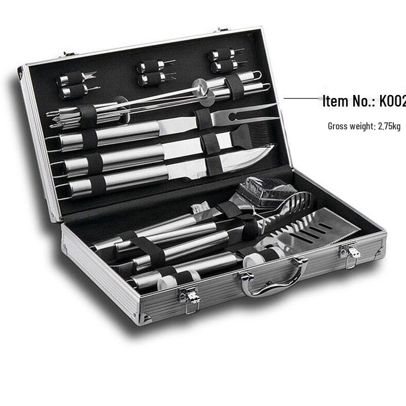 Meigo Stainless Steel BBQ Tool Set, 32 Pieces, with Portable Cloth and Aluminum Case Options, New.