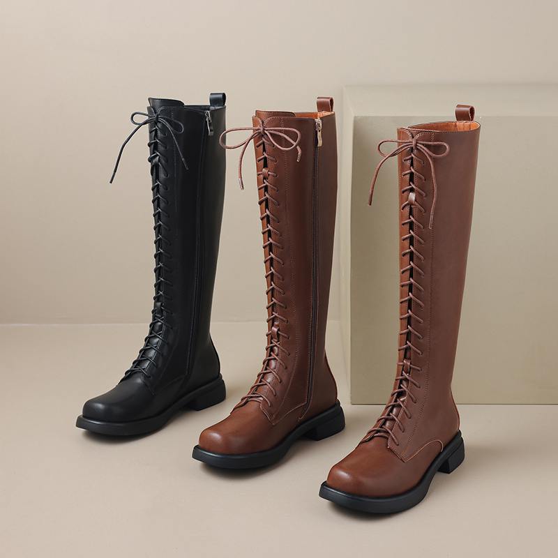 Krazing Pot Cow Split Skin Autumn Winter Shoes Concise Thick Heels Size 41 Thigh High Boots Keep Warm Round Toe Slip On Retro Knee Boots