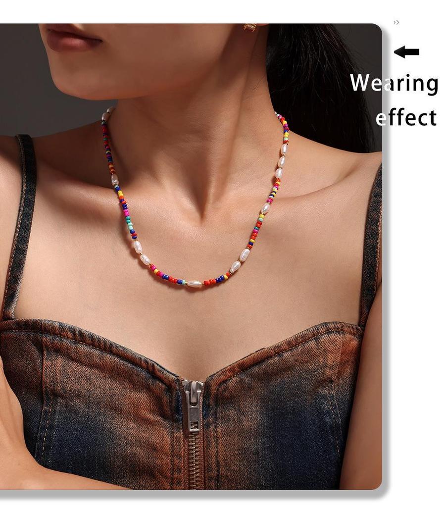 Bohemian Multi-Color Beaded Necklace with Glass Stones and Freshwater Pearls for Women