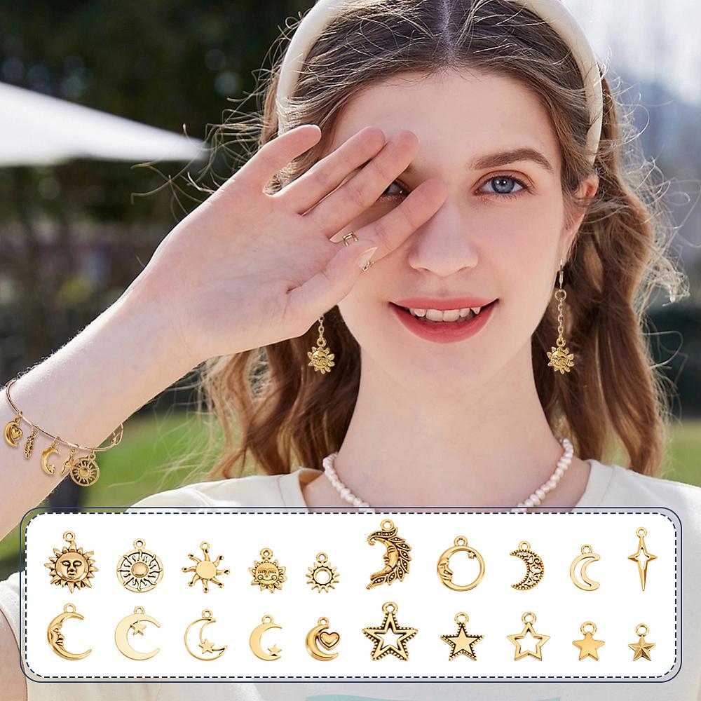 80Pcs 20 Styles Tibetan Style Alloy Pendants Moon and Sun and Star Series Pendant Set Antique Golden 11~26x8~16x1~4mm Hole: 1~2.5mm 4pcs/style