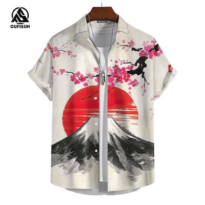 Sommer Herren Kurzarmhemd im japanischen Stil mit Sakura-Fuji-Bergmuster bedruckt Street Fashion Herrenhemd Übergroße Oberteile