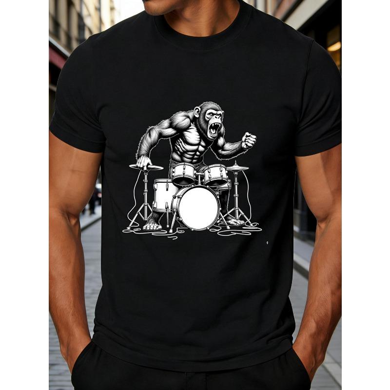 European sizes Muscular Monkey Drummer Graphic Men'S T-Shirt Animal Music Theme Summer Casual Wear Gift for Music Lovers And Fun-Loving Friends