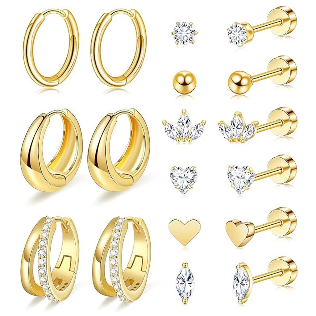 Gold Plated Brass Heart Leaf Zircon Stud Earrings Set