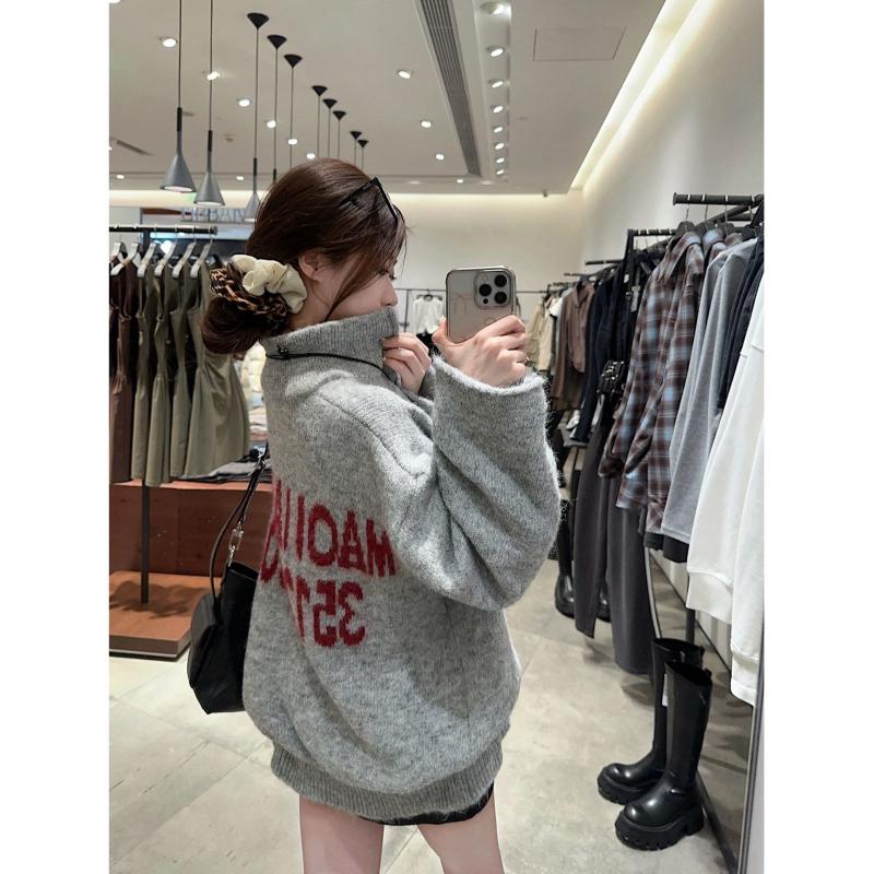 

Женские свитеры с жаккардовым узором в виде букв, американский ретро, свободные, на половину молнии, вязаный свитер, осенние универсальные женские пуловеры серый