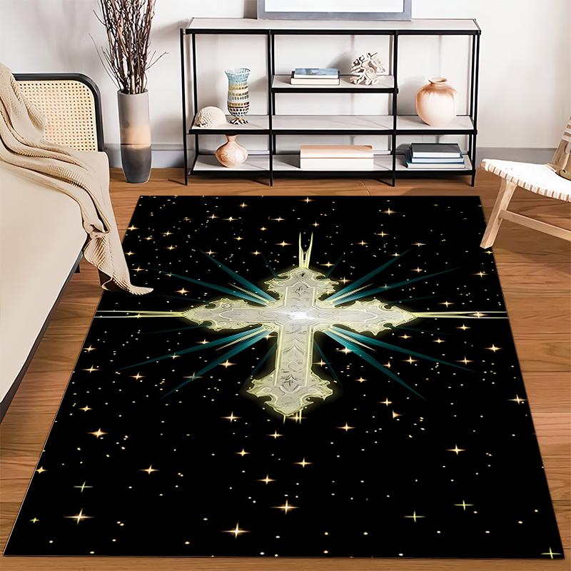 Shiny Cross with Starry Background Rug Non-slip rug suitable for living room and bedroom sofas.