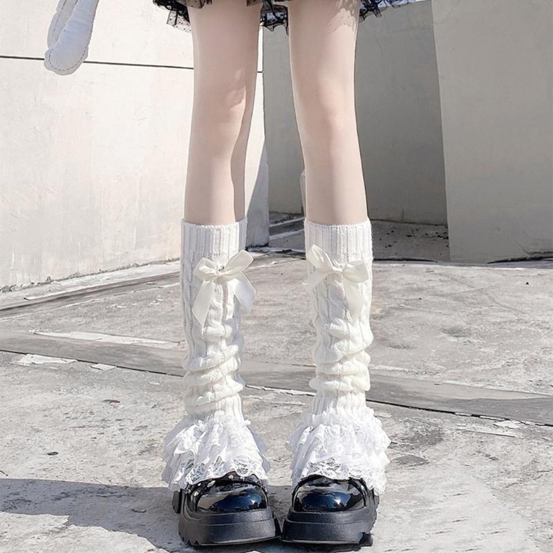 Cable Knit Leg Warmers Boot Cuffs with Bowknot Decorated Sweet Tiered Ruffled Lace Trim Leg Covers Calf Socks for Women