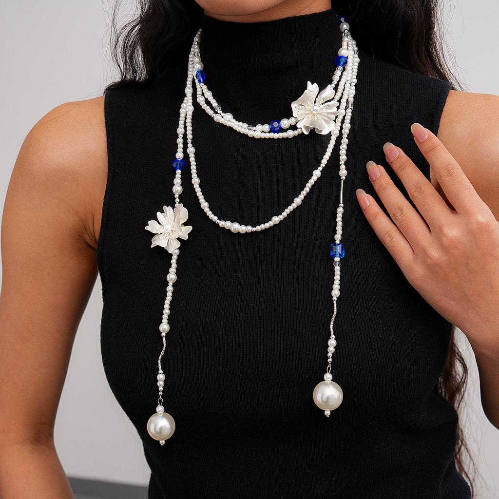 Heavy Industry Glass Pearl Beaded Flower Multi-layer Necklace Sweater Chain Necklace