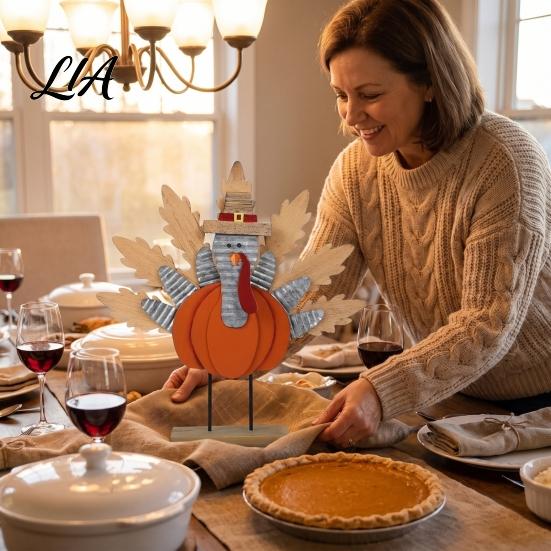 Thanksgiving Gift Souvenirs Turkey Decoration, Wooden Standing Ornament, Autumn Tabletop Rustic Pumpkin Crafts Centerpiece for Fall Harvest