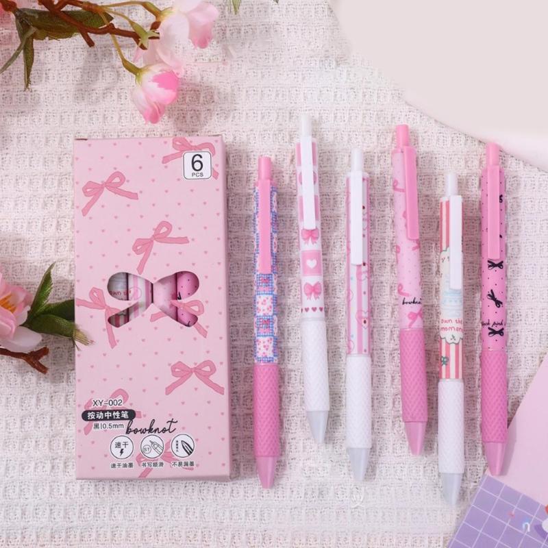 6pcs Luminou Study Pen Featuring Ergonomic Grip and Decorative Ribbon Trim