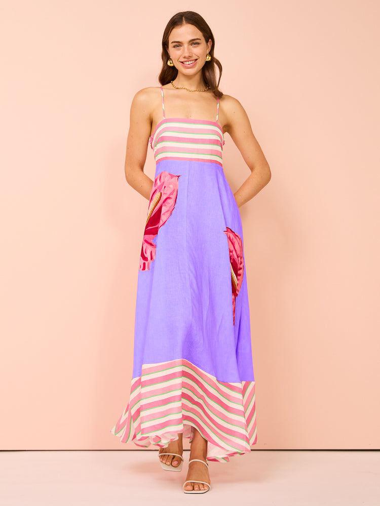 Evropské a americké dámské elegantní letní šaty s vysokým pasem a rostlinným potiskem (2025)