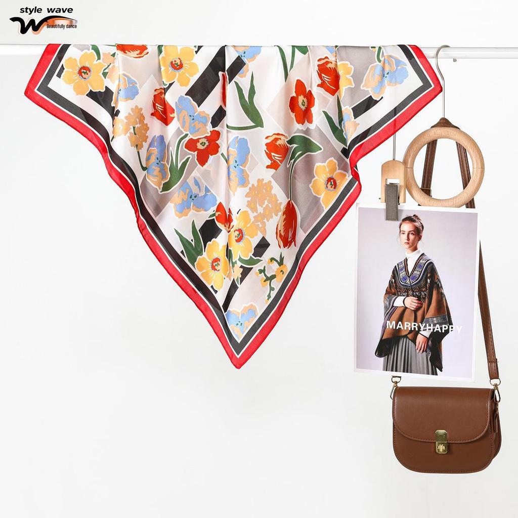 Versatile Korean-Style Women's Silk Scarf: Fashionable Square, Decorative for Spring & Autumn, Hair or Bag Tie, Oil Painting Design