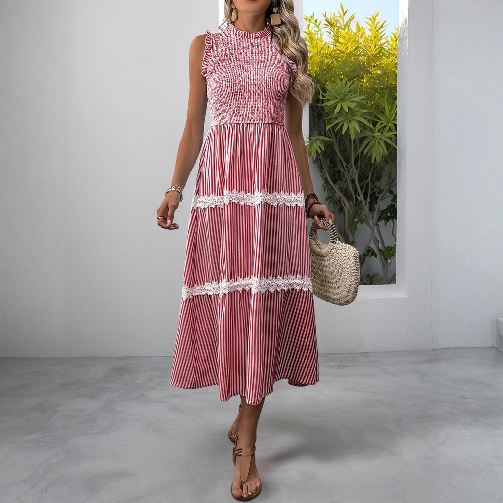 Sleeveless Women's Dress Casual Flowy A-Line Midi Tshirt Dresses With Pockets Crewneck Vocation Boho Beach Sundress