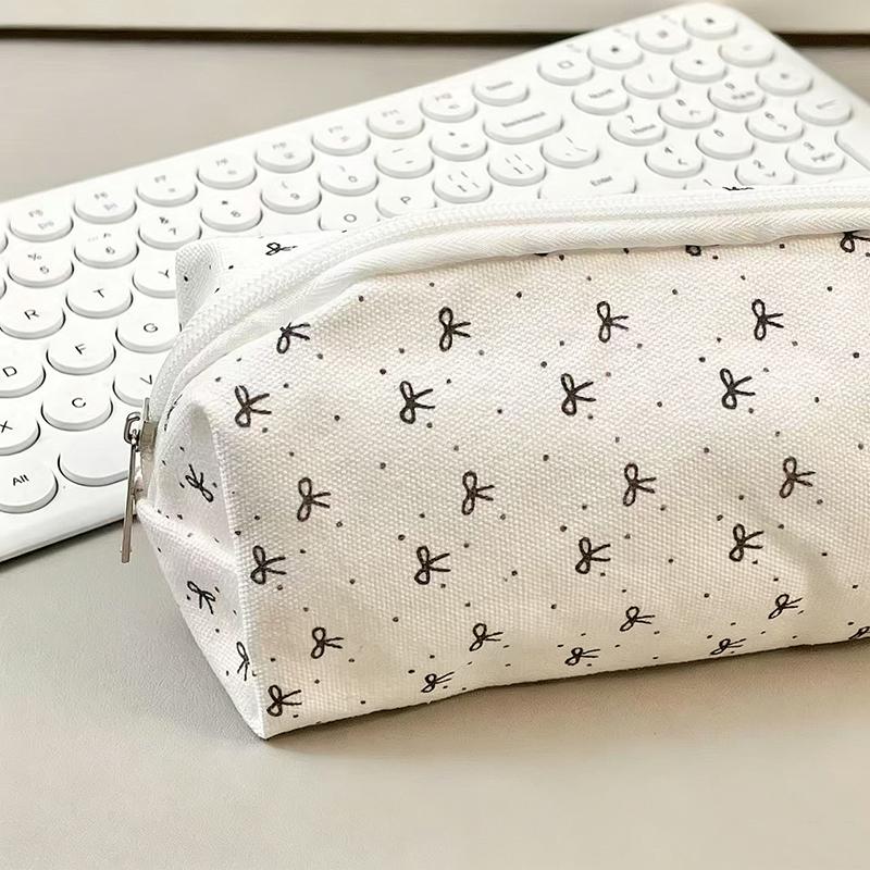 Canvas Pencil Case Cute Mini Bow Print And Large Capacity Smooth Zipper For Students School Daily Stationery Storage