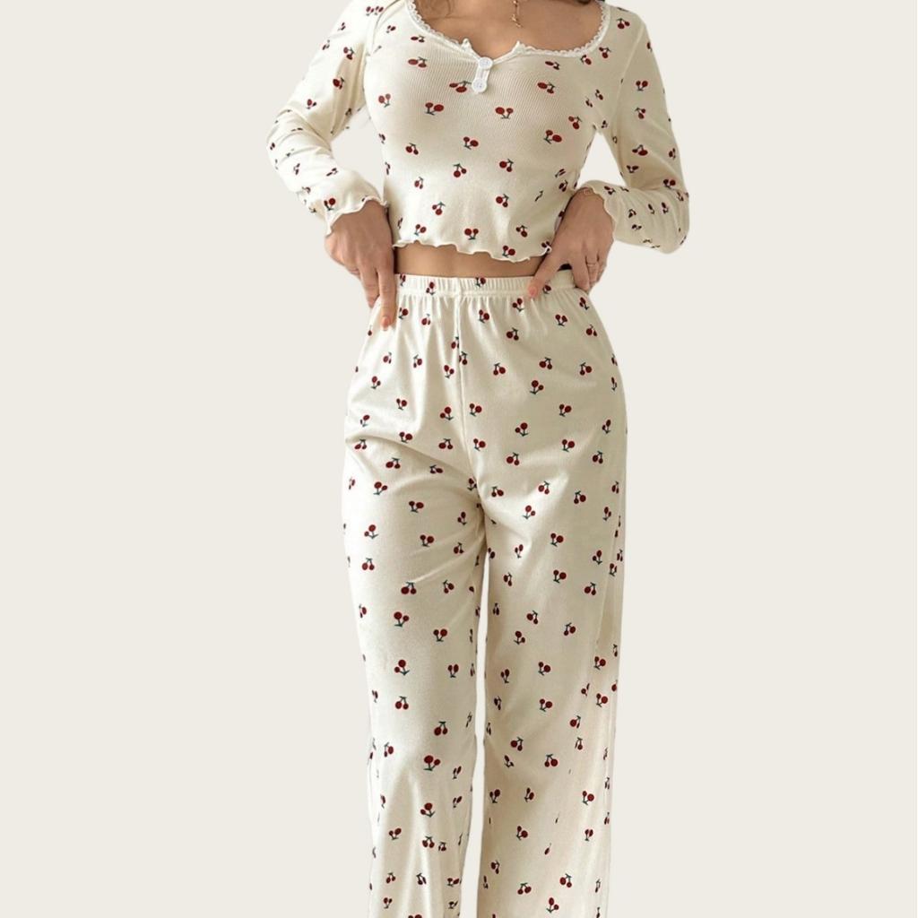 Completo Sexy da Notte da Donna in Pizzo con Pantaloni Floreali a Manica Lunga, Set Due Pezzi Casual Slim Fit