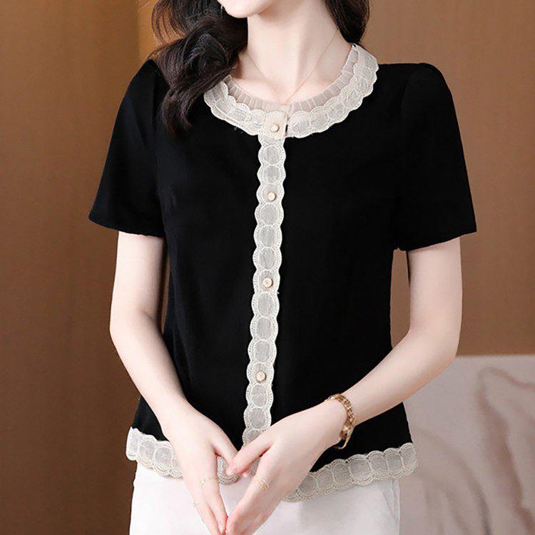 Elegant Lace Patchwork Women s Black Slim Fit Short-Sleeve T-Shirt 2XL