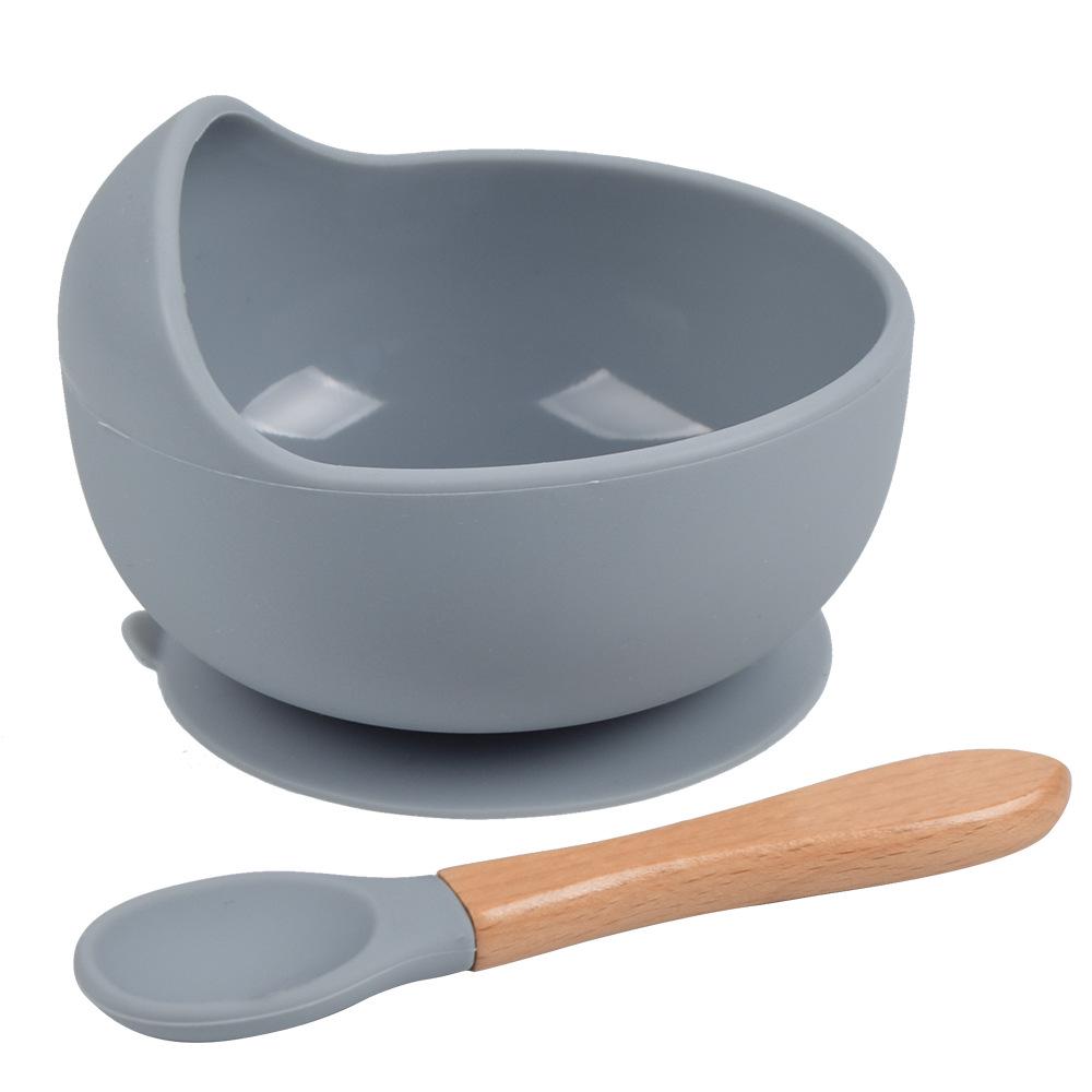 Silicone Baby Bowl & Spoon Set with Wooden Handle and Suction Cup