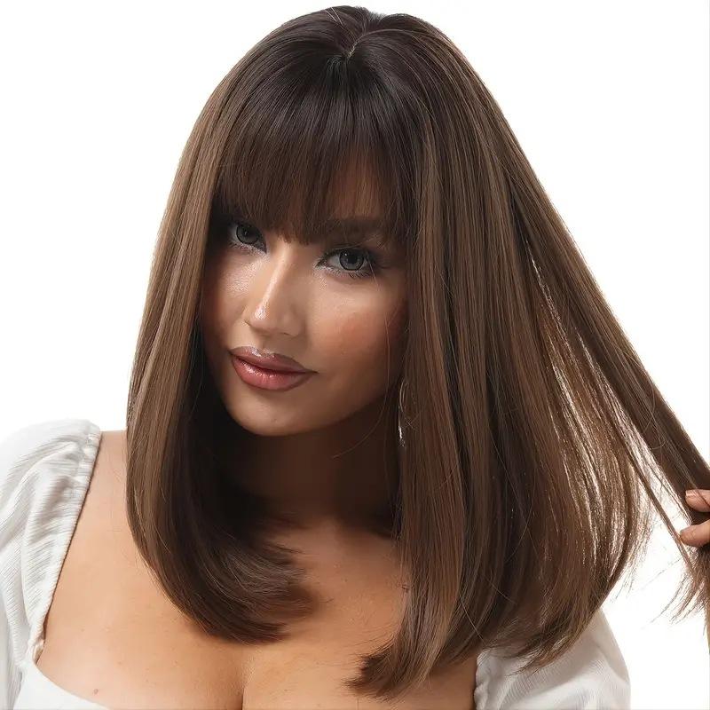 Women Straight Brown Mixed Blonde Wig With Bangs Synthetic Middle Part Natural Daily Cosplay Heat Resistant Wig