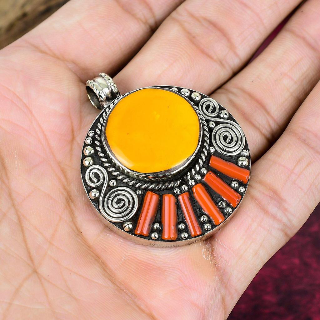 Koralowy i Turkusowy Wisiorek, Kamień Szlachetny Srebro Próby 925, Biżuteria Nepalska, Ręcznie Robiona Biżuteria Wisiorek z Kamieniem Urodzinowym, Prezent Dla Niego