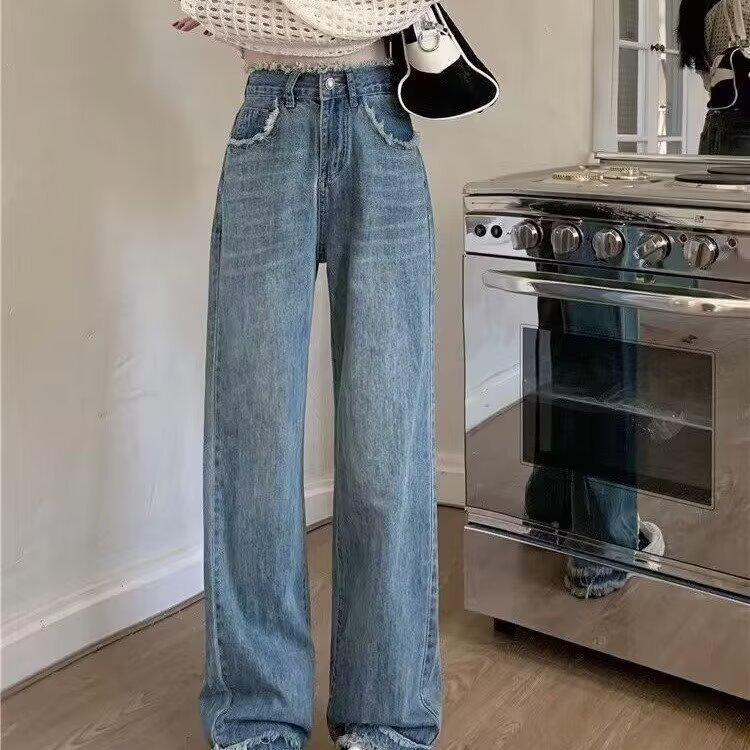 

Джинсы с высокой посадкой и широкими штанинами для женщин - больших размеров, с необработанным краем, длиной до пола, слим-фит, коллекция весна-осень 2025. S синий