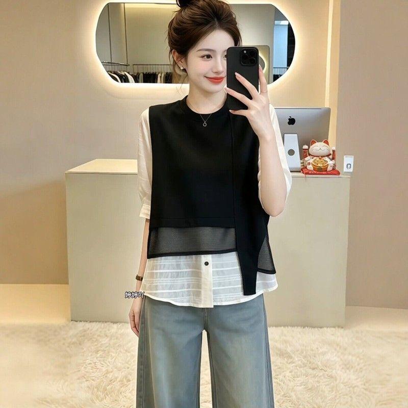 Black Fake Two Piece Loose Five Sleeve Shirt For Women Plus Size Summer Slimming Top