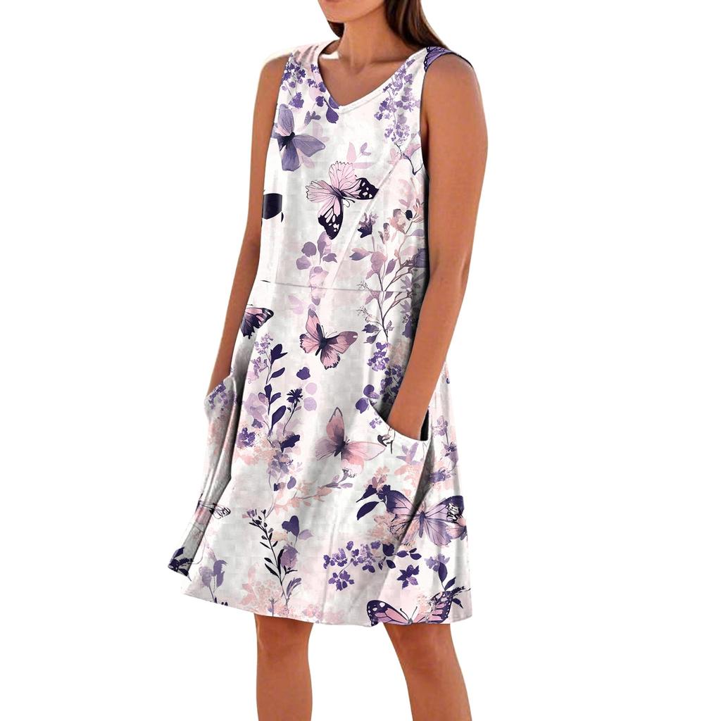 Women Sleeveless V Neck Casual Dress with Pockets Floral Print Relaxed Fit Summer A Line Dress for Daily Wear