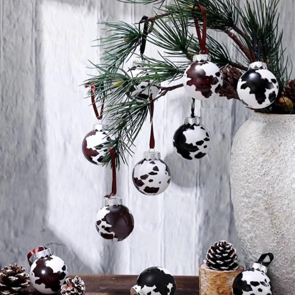 12/24Pcs New Cow Print Ball Christmas Tree Ornaments Shatterproof 6CM Christmas Ball Western Cowboy DIY Xmas Decorations