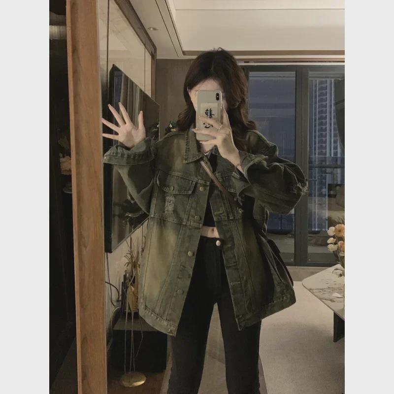 Women's Retro Distressed Ripped Denim Jacket - New 2024 Korean Style, Loose Long-Sleeve for Spring & Autumn
