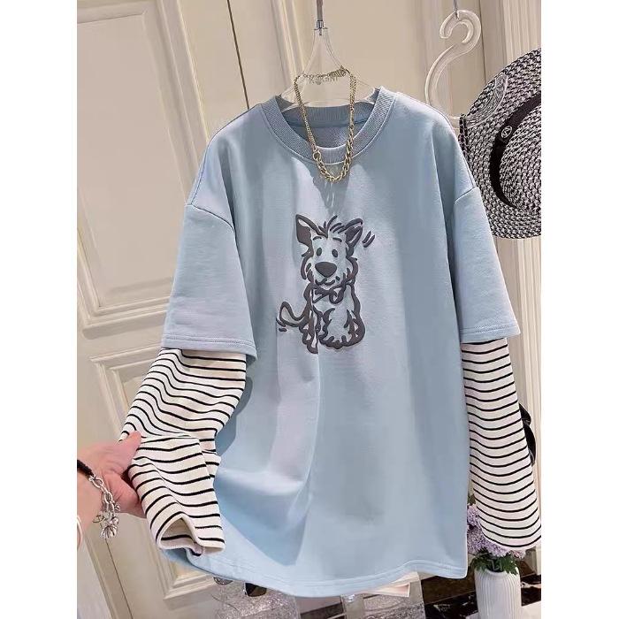 

Женская футболка с длинным рукавом в мультяшную полоску, размер плюс, два в одном 3XL (up to 220 jin) синий