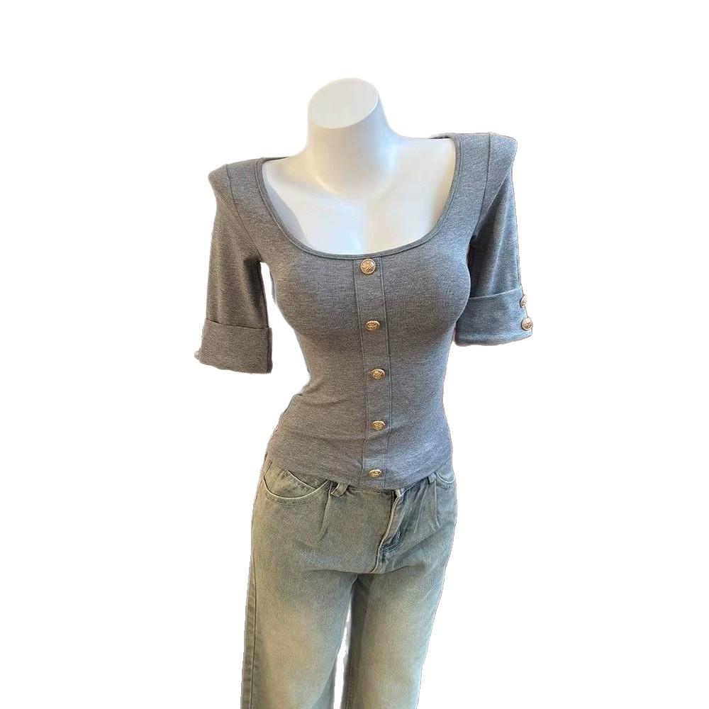 Pure Luxury Square Neck Button Five-Sleeve T-Shirt Women's Summer Sexy Slim Skinny Small Fragrant Bottom Top