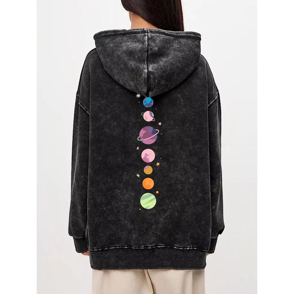 Trend Womens Acid Wash Hoodies Romantic Planets Prints Sweatshirts Oversize Pocket Cotton Street Female Streetwear
