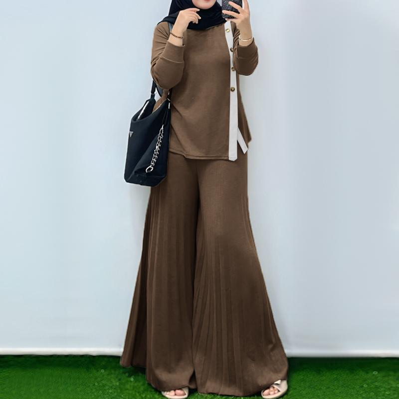 ZANZEA Blusa de Manga Larga para Mujer y Pantalones de Pierna Ancha Conjuntos Casuales de Dos Piezas