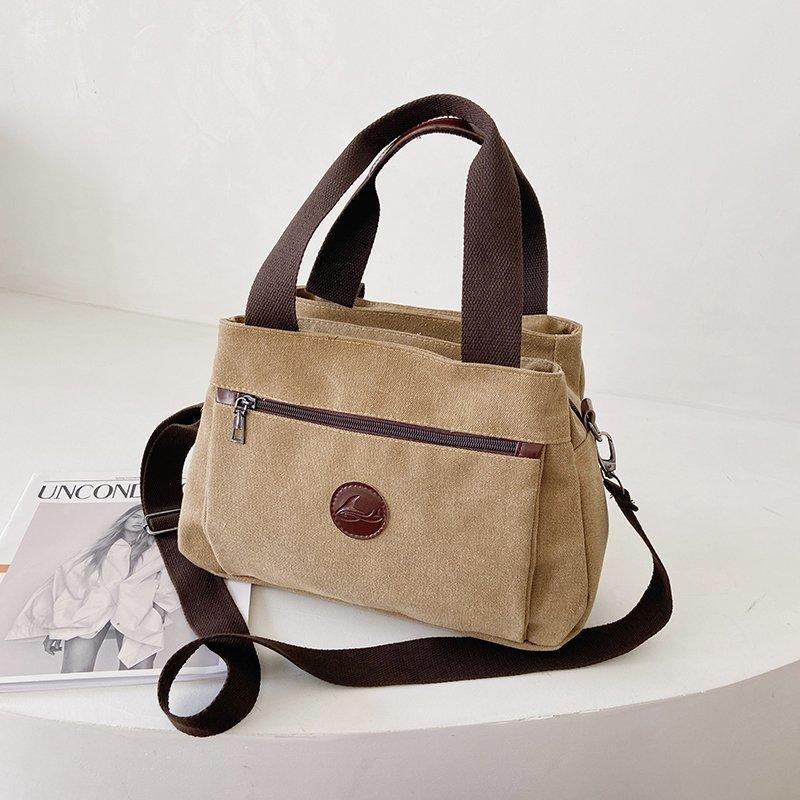 Canvas Handbag Multi-pocket Large-capacity Canvas Bag Solid Color Casual Simple Shoulder Bag Messenger Bag Retro Women's Bag