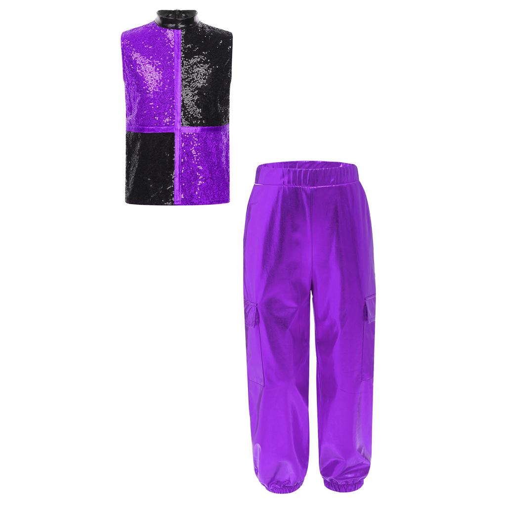 Costume da Danza Jazz Metallico per Ragazzo Collo Alto Senza Maniche Zip Posteriore Paillettes Lucide Blocco di Colore Top Pantaloni Cargo